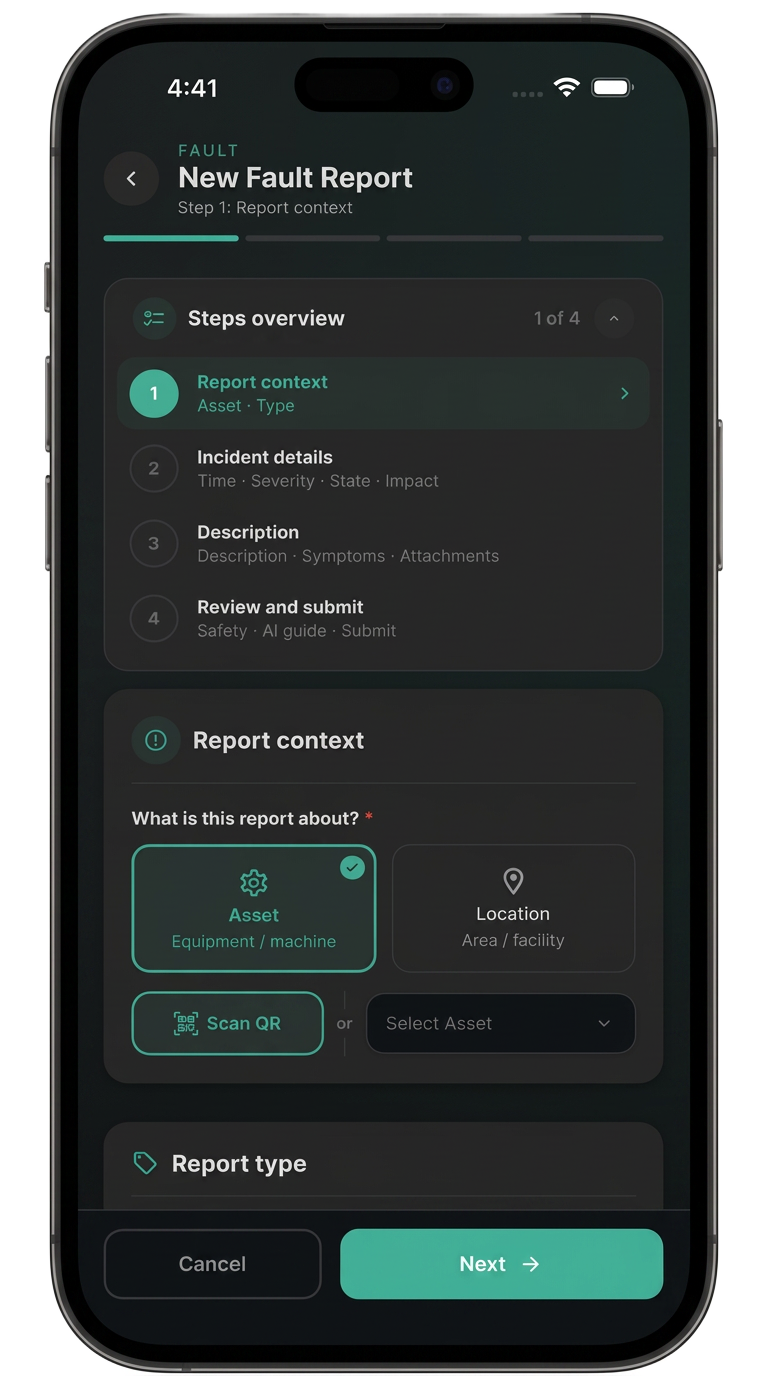 ALFREDx app — Fault report on Mobile