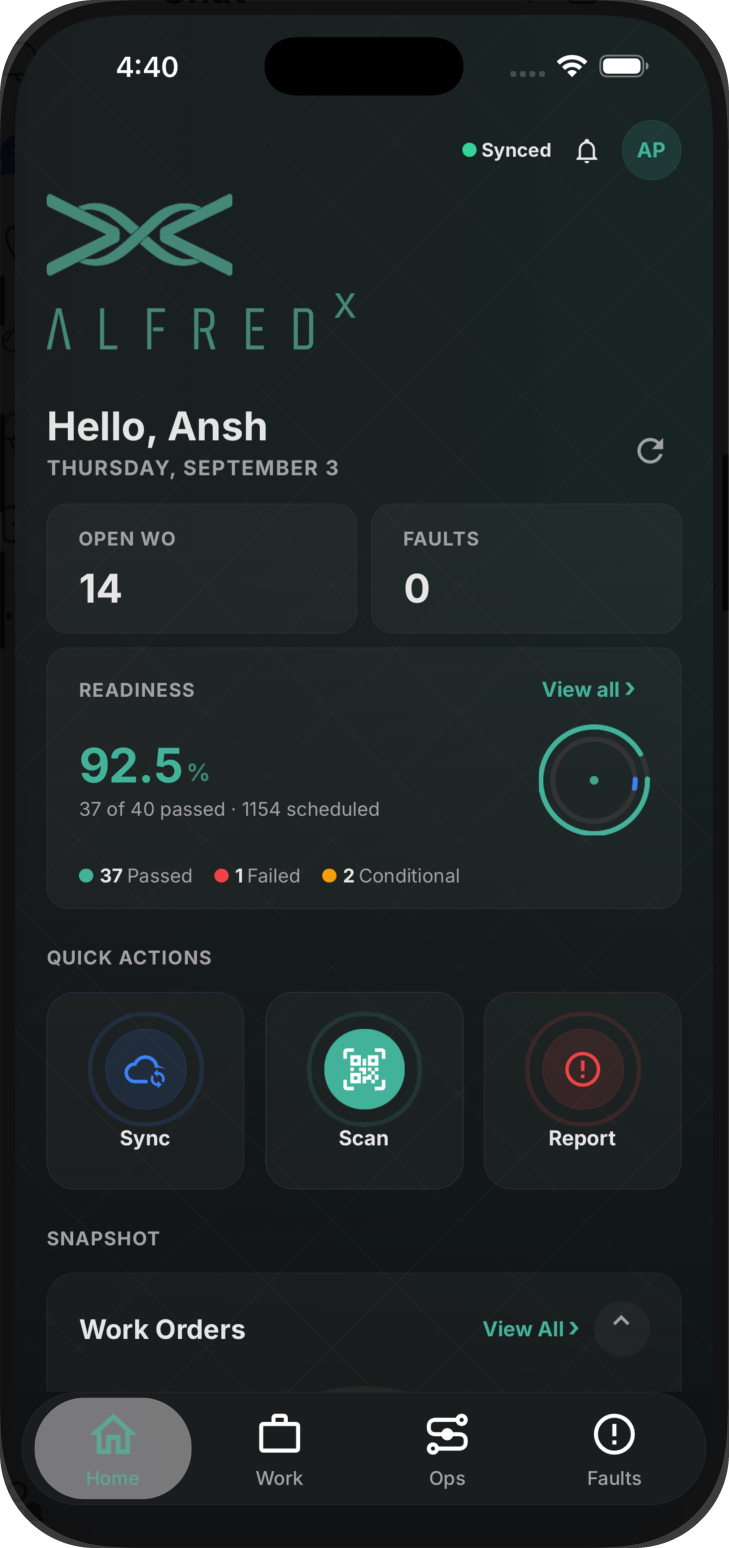 ALFREDx app — Home dashboard on Mobile